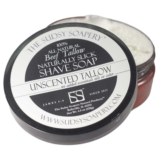 Unscented (no added scent or color), Tallow Shaving Soap with Honey, and Organic Aloe Leaf